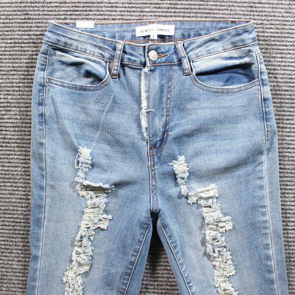 Almost Famous Jeans Women's 3 Blue Super Flare Bell Bottom Distressed Raw Hem - Picture 4 of 11